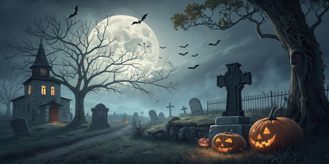 Spooky Halloween scene featuring graveyard with tombstones, haunted church, and full moon illuminating night sky. Jack o lanterns add festive touch, while bats fly overhead, creating eerie
