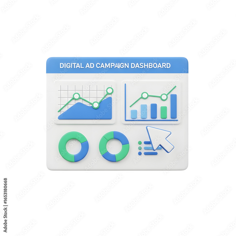 Poster 3d icon of digital ad campaign dashboard with analytics charts and graphs isolated on transparent ba