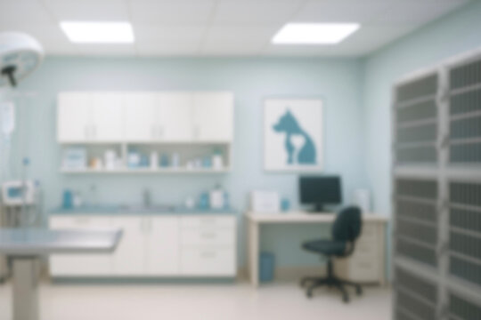 Modern veterinary clinic interior with exam table and equipment, clean bright animal hospital, pet healthcare concept, blurred background for copy space, professional vet office design