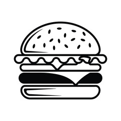 Black-and-white line drawing of hamburger with sesame bun, lettuce, cheese, and patty – minimalist fast food icon in stylized outline form