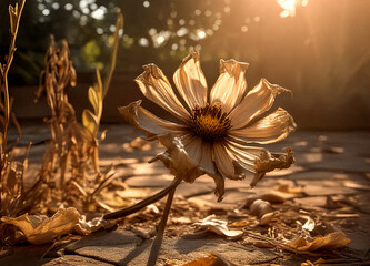 A photorealistic close-up of a single wilted flower in a dry garden. The petals are drooping and slightly curled, showing signs of severe dehydration and heat stress. Surrounding the flower, the soil 