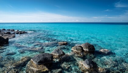 clear ocean waters with black rocks and blue horizon