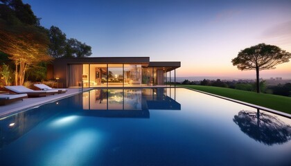 Fototapeta premium modern house pool twilight trees luxury home design