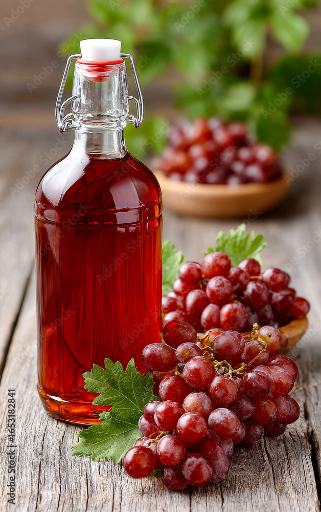 Poster fresh grape juice in a glass bottle. a bottle of grape juice sits next to ripe red grapes on a rusti