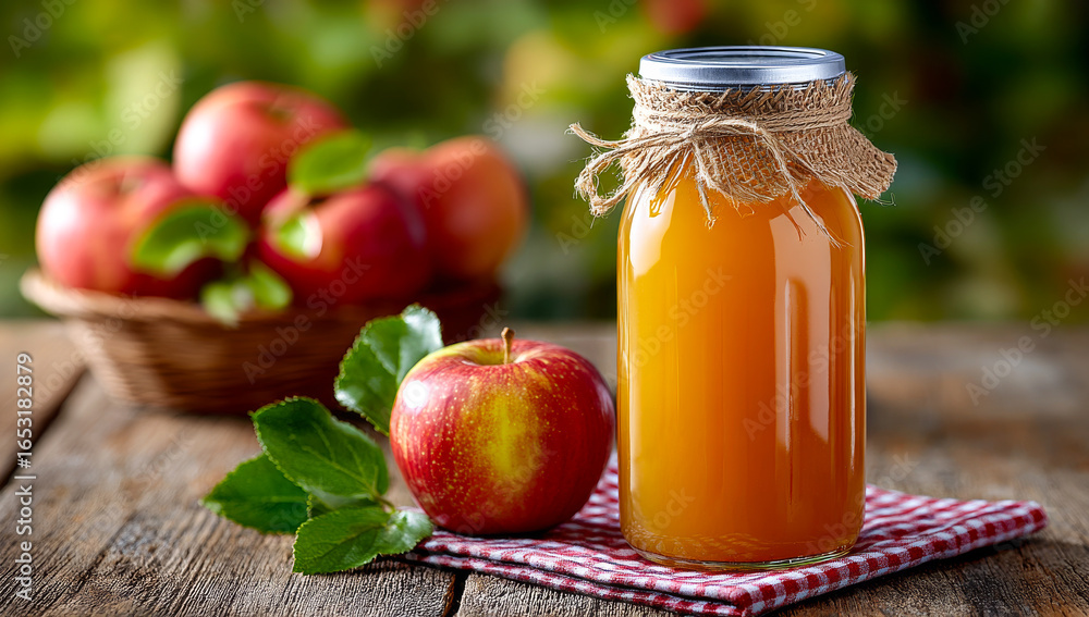 Poster fresh apple juice in a rustic setting. a jar of fresh apple juice sits on a checkered cloth with app