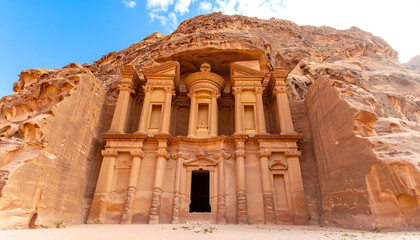 Ancient Petra Monastery: Majestic sandstone facade, intricate carvings, dramatic desert landscape, historical landmark, archaeological site, travel destination, Middle East.