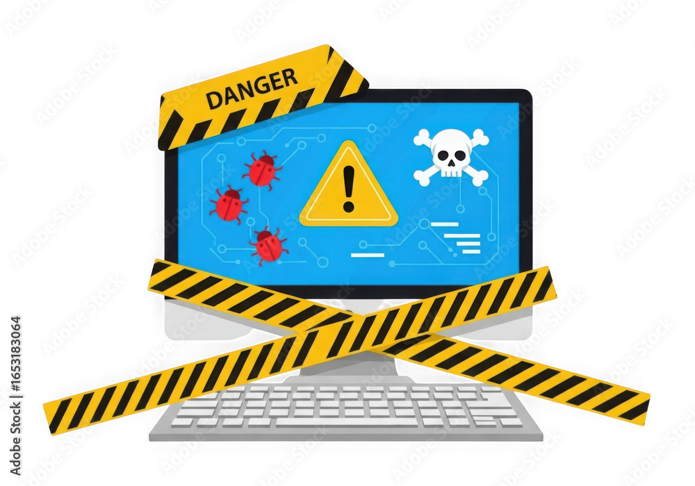 Poster computer screen displaying warning symbols and caution tape indicating a cyber security threat isola
