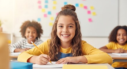 Happy young students smiling in a bright classroom during a lesson