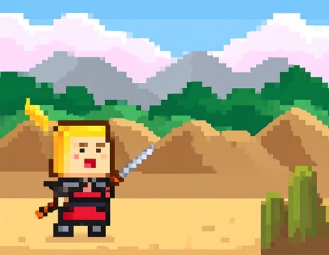 Fototapeta Pixel art warrior in a desert landscape