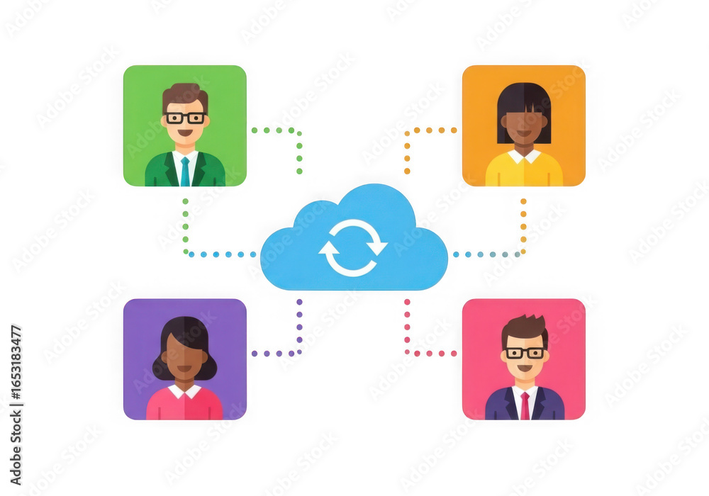 Poster diverse team members connected to a central cloud for data synchronization and collaboration isolate