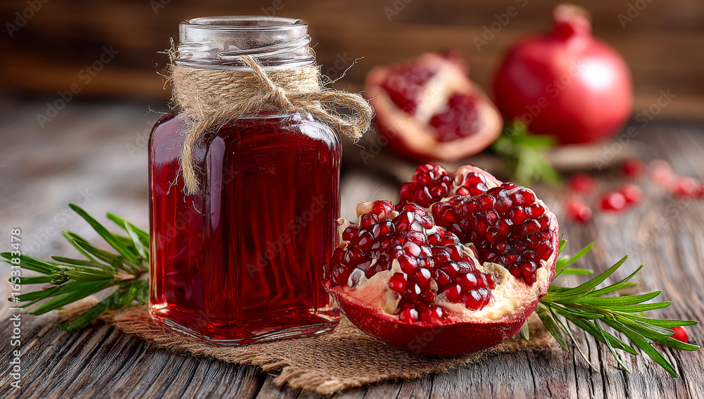 Aufkleber pomegranate juice in a rustic setting. freshly squeezed pomegranate juice is displayed in a jar next