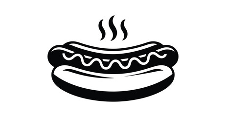 Black-and-white illustration of steaming hot dog with condiments – minimalist food icon featuring sausage in bun with mustard or ketchup