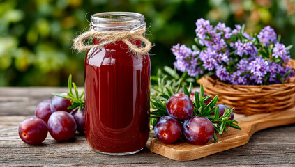 Fresh plum juice with herbs and flowers. A jar of plum juice on a wooden table is surrounded by fresh plums and flowers, creating a vibrant scene.