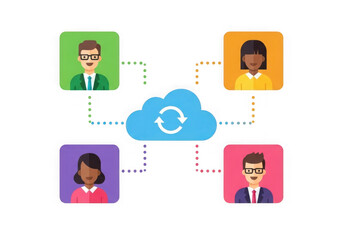 Diverse team members connected to a central cloud for data synchronization and collaboration isolated on transparent background
