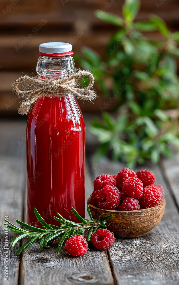 Poster fresh raspberry drink in rustic setting. a bottle of red raspberry beverage sits beside a bowl of fr