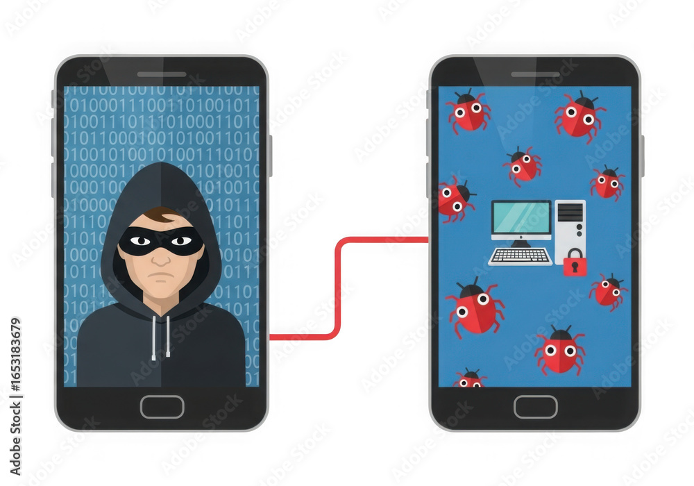Poster cyber criminal hacking into a smartphone infected with malware and viruses isolated on transparent b