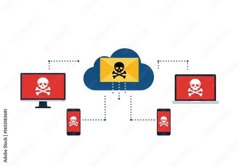 Poster digital threat alert showing skull and crossbones on devices and cloud isolated on transparent backg