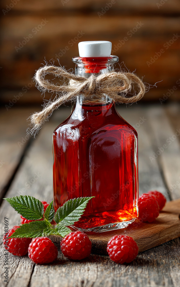 Poster raspberry syrup in a bottle. a glass bottle of deep red raspberry syrup rests on a wooden table, wit