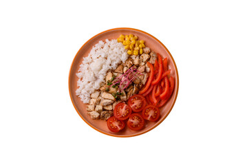 Bowl with chicken pieces, rice, tomatoes, peppers and microgreens. Bowl with chicken