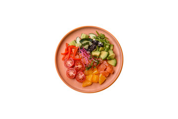 Bowl with salmon pieces, cheese, tomatoes, peppers and avocado. Salmon bowl