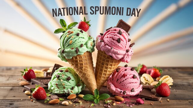 National Spumoni Day celebrated with colorful ice cream waffle cones. - Powered by Adobe