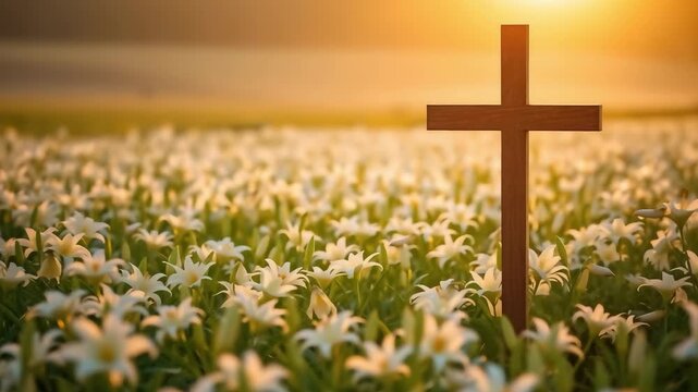 Easter cross with blooming lilies sunrise light religious faith celebration holiday 4k video motion animation background