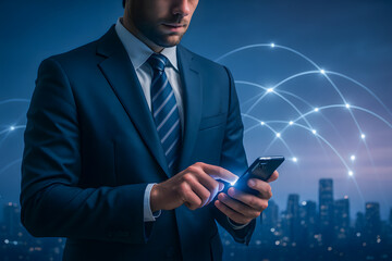 Businessman using smartphone with digital network overlay and cityscape background