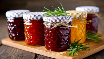 Colorful jars of preserves. A variety of homemade fruit preserves are arranged on a wooden board, garnished with fresh rosemary for presentation.