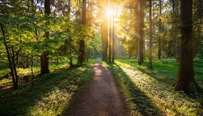 Obraz premium beautiful morning in forest with sunlight filtering through trees on path