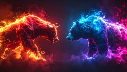 Fiery bull and bear in confrontation
