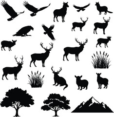 Vector illustration set of black silhouettes depicting majestic wildlife and nature scenes, including eagles in flight, standing deer with antlers, sheep, trees, cattails, and mountains.