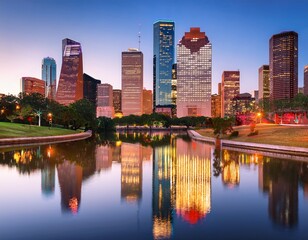Fototapeta premium houston texas usa downtown skyline at dusk with beautiful city lights reflection on calm water