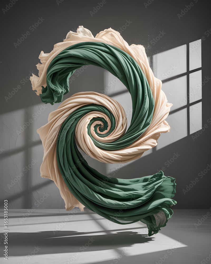 Poster dynamic swirl of fabric creates an artistic motion in a well-lit studio setting during the daytime