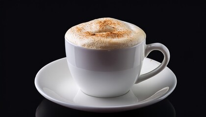 a vanilla cappuccino in a white mug isolated on a black background