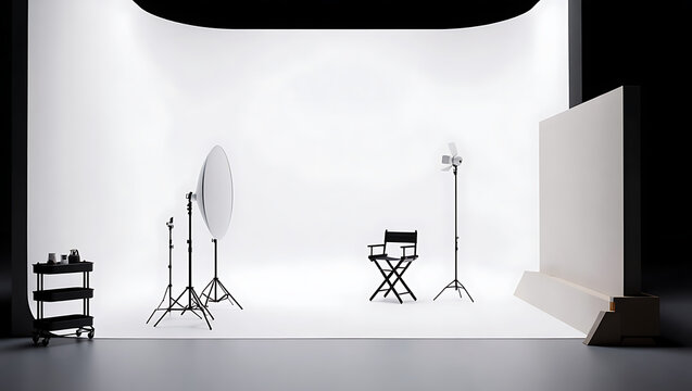 Professional Photography Studio Setup With Softbox Lighting Seamless Backdrop and Director's Chair for Creative Shoots and Productions