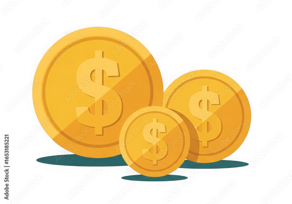 Poster three golden dollar coins with varying sizes casting subtle shadows isolated on transparent backgrou