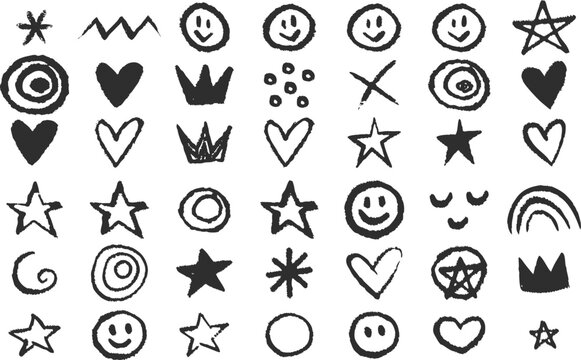 Hand drow graffiti symbols and paintings set. Vector isolated spray paint street art signs of star and thunderbolt, cross and heart with arrow, eye and question mark. Grungy drawing with splatter of i