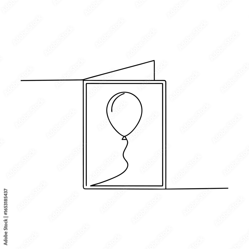 Poster minimalist continuous line drawing a balloon inside an open greeting card single line