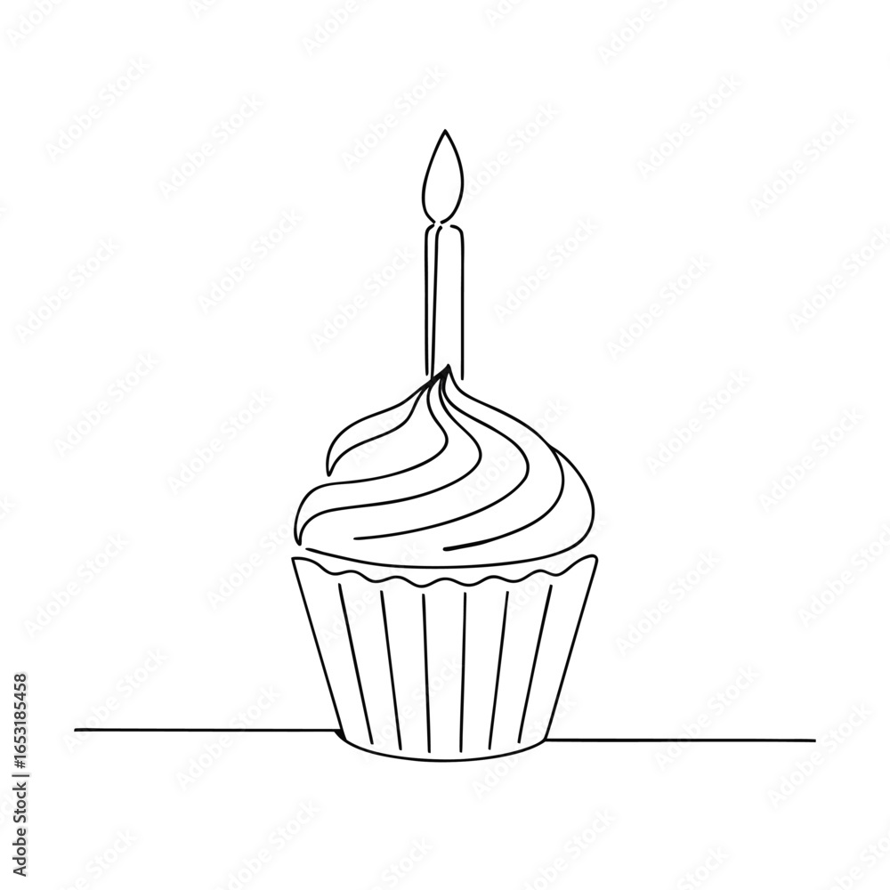Aufkleber minimalist continuous line drawing a cupcake with a single candle single line vector
