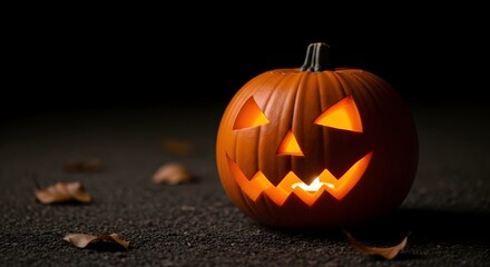 Illuminated Jack O Lantern with a Spooky Grin and Glowing Features Sitting on Ground with Fallen Leaves in Darkness for Halloween Theme