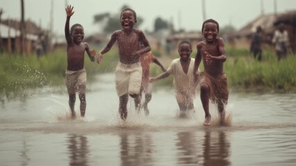 Three joyful children swimming and laughing together in a serene water setting, perfectly capturing childhood bliss