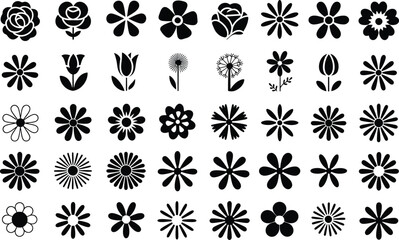 Collection of 40 black and white flower silhouettes and icons