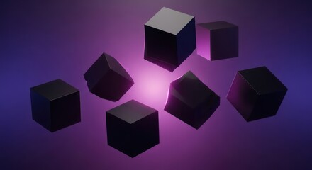 Floating Black Cubes with Purple Glow on Gradient Background, Abstract Geometric Composition