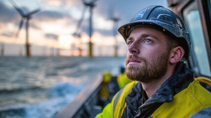 Offshore Worker on a Boat Sailing to Wind Farm at Sunset, Looking Ahead to the Future of Renewable Energy. Professional in PPE gear on the water.