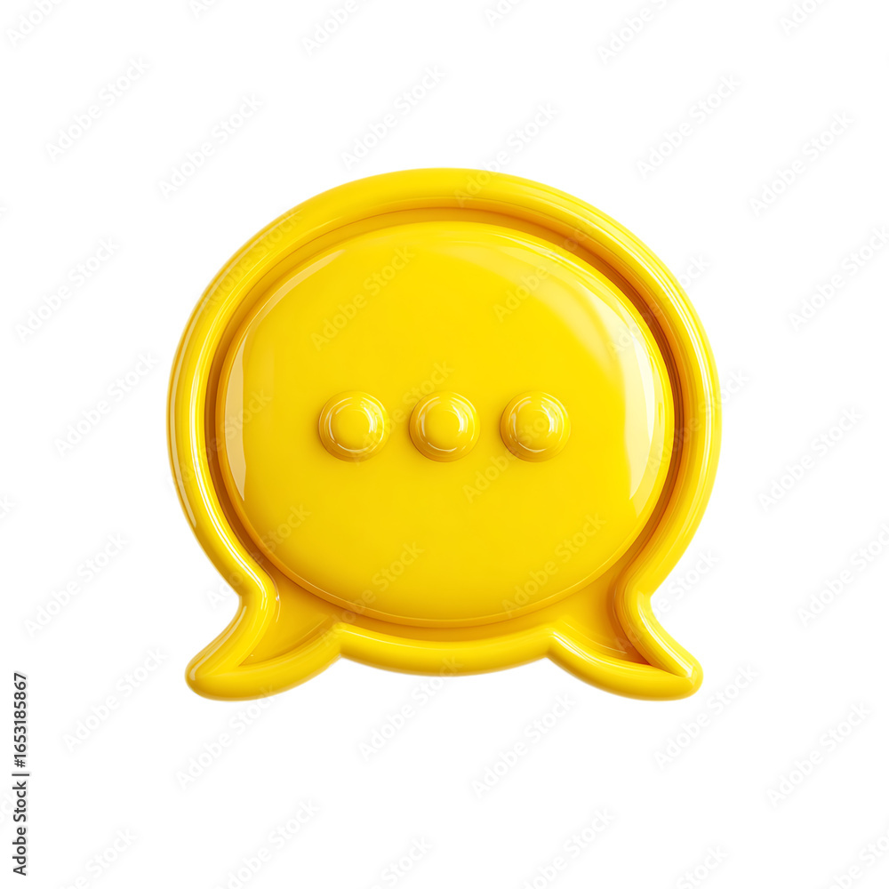 Poster bright yellow 3d speech bubble icon with three dots indicating conversation or thinking isolated on 