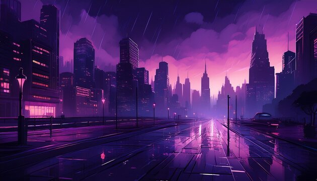 dark rainy cityscape with gotham city vibe featuring silhouetted buildings and eerie purple sky