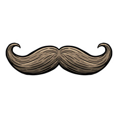 Classic curled mustache illustration with detailed brown hair texture. Vector illustration