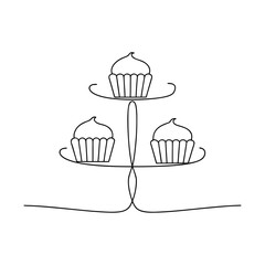 Minimalist single line drawing a three tiered cupcake stand dessert sweet