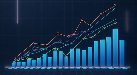 A graphical representation showing bar chart and line graphs with an increasing trend on a dark background