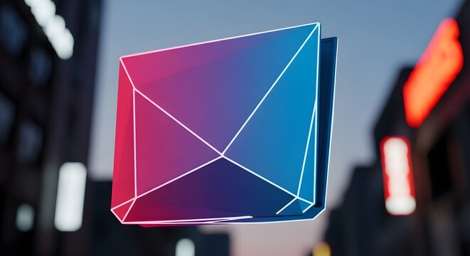 Luminous faceted crystal with a vibrant magenta to blue gradient and glowing neon wireframe.